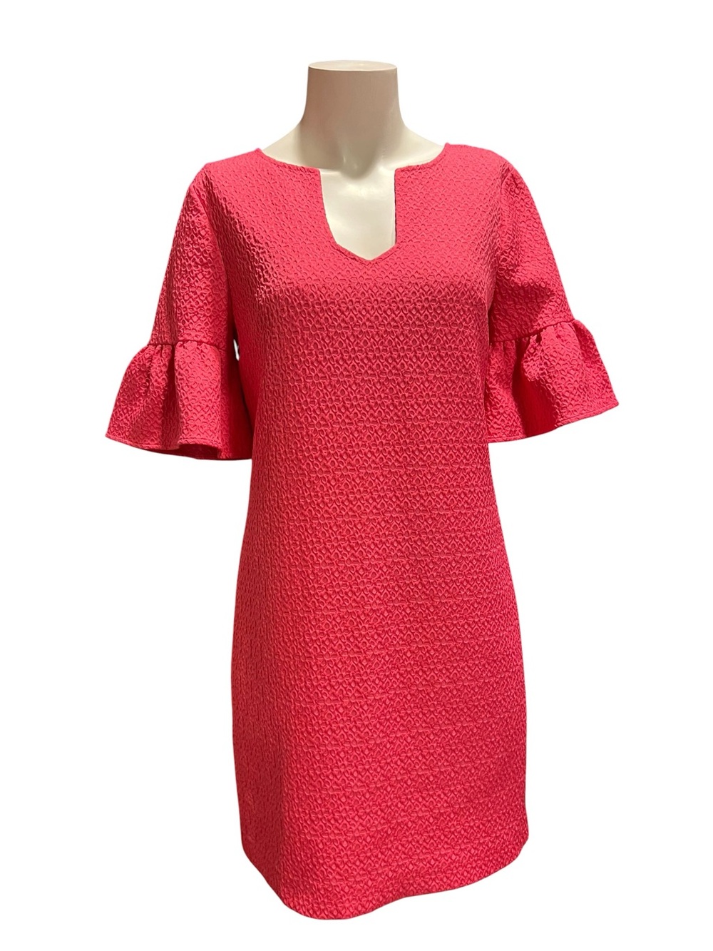 Trina Turk Coral Pink Textured Shift Dress with Ruffle Sleeves